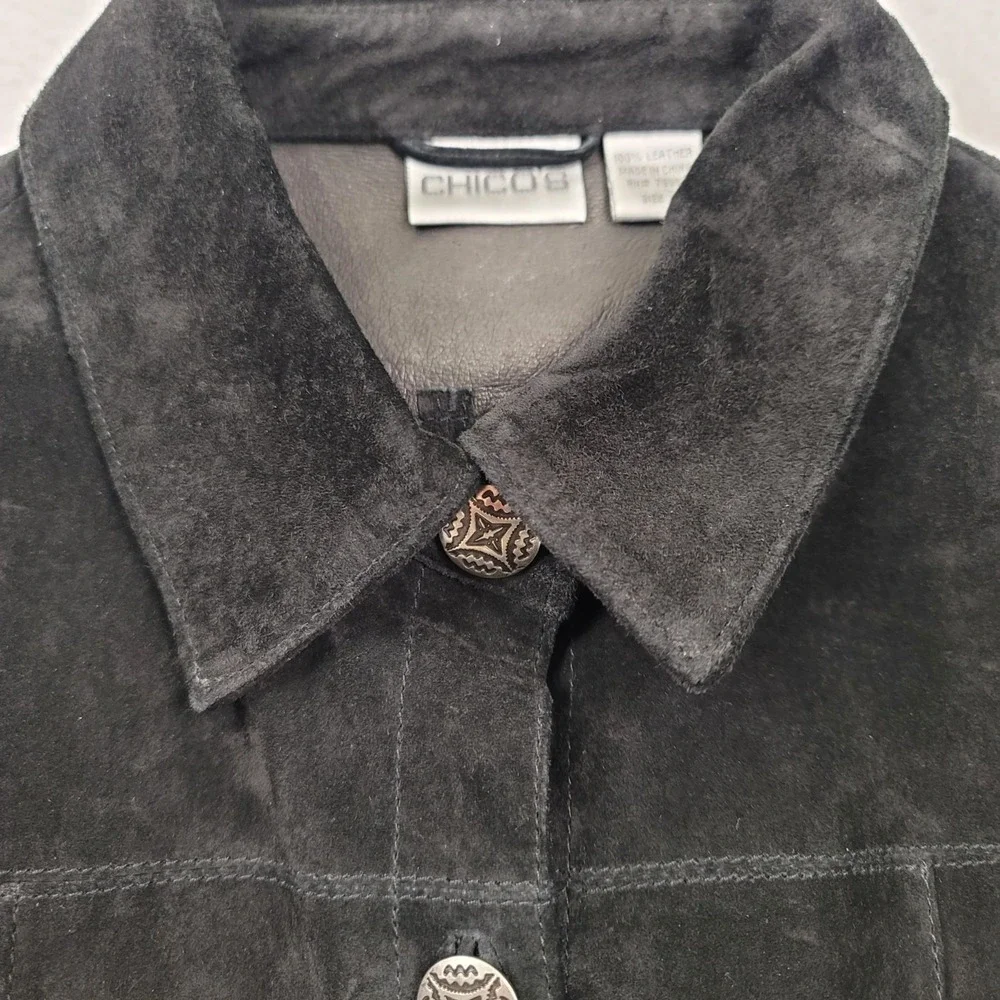 Chicos Vintage Black Suede Long Jacket Button Front Collared Size 3 / X-Large